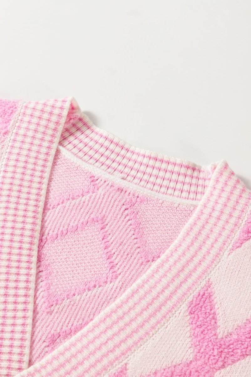 Pink Rhombus Pattern Knit Open Front Pocketed Cardigans - Love Salve